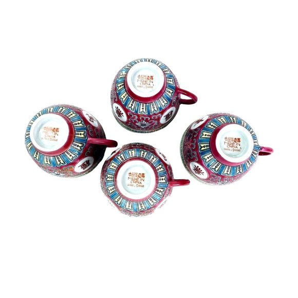 Vtg Chinese Famille Rose Porcelain Longevity Tea Set 6 Pc Jingdezhen Hand Paint - Picture 9 of 10